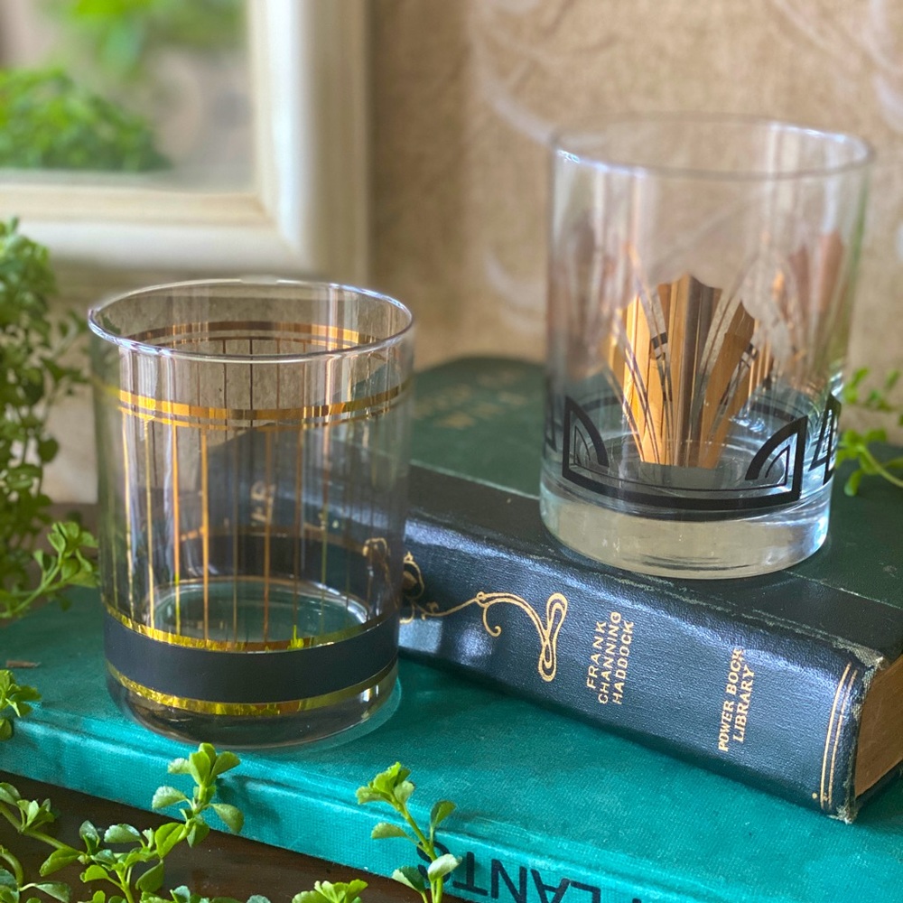 Mid Century Mod 2pc Gold plated Glass set!